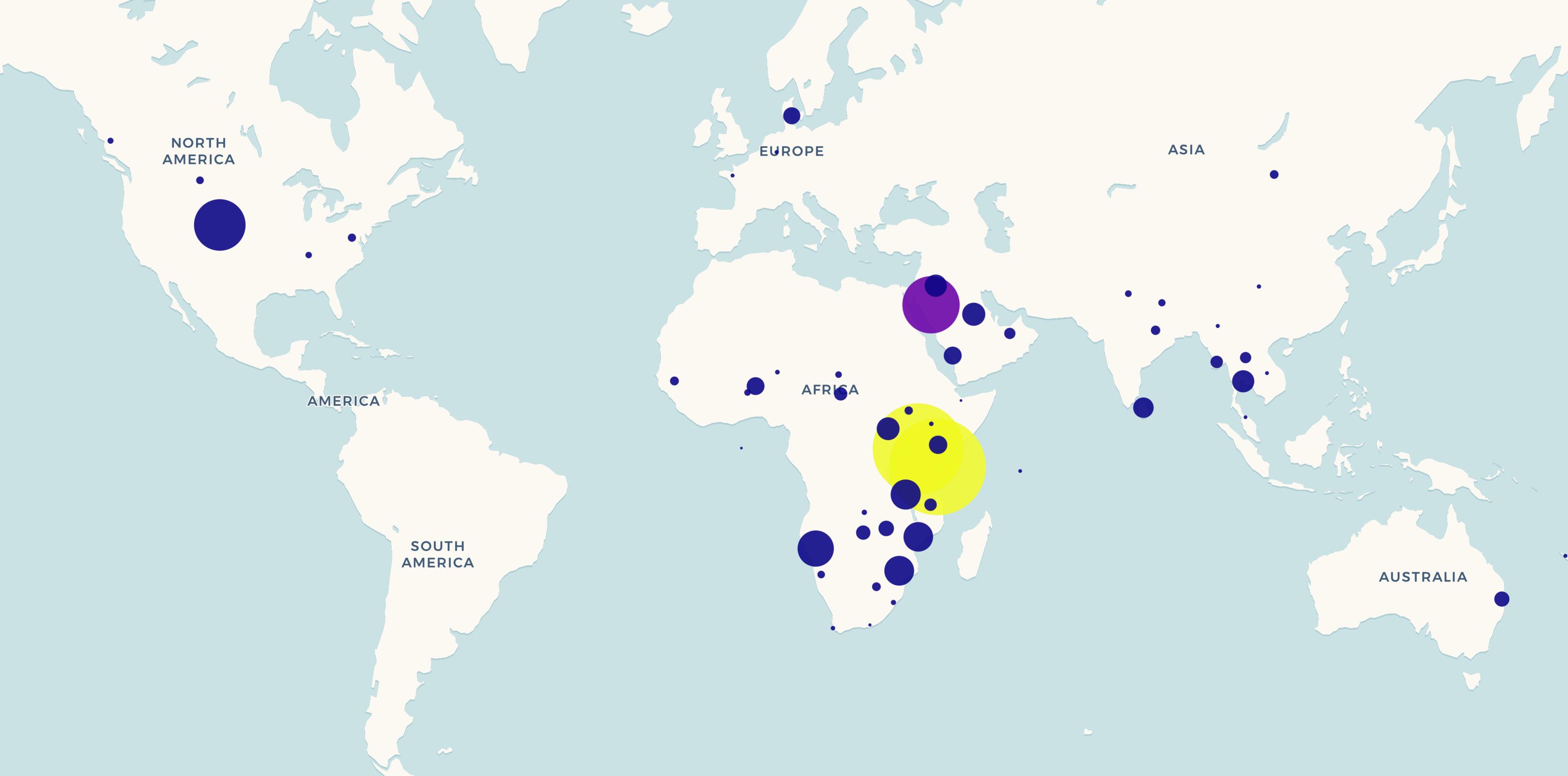 World map of Savannah Tracking deployments by region