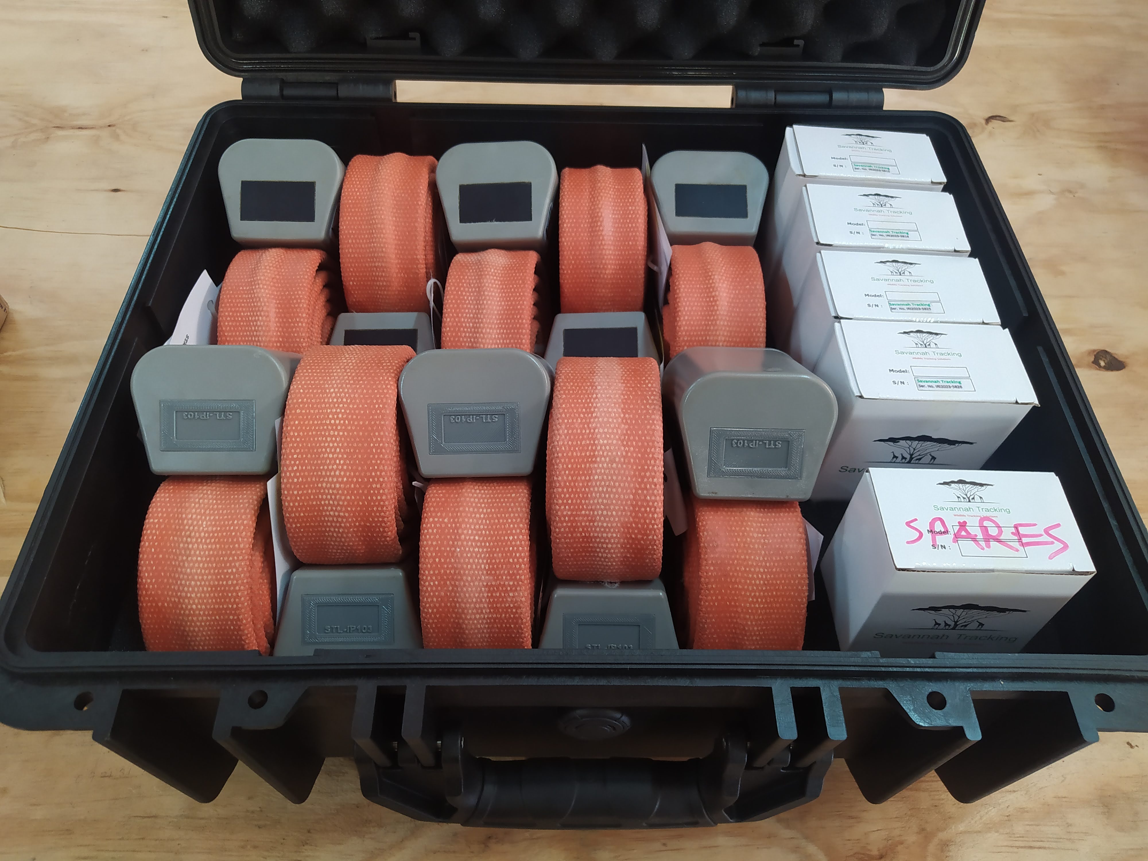 Equipment case packed with Savannah Tracking collars ready for deployment